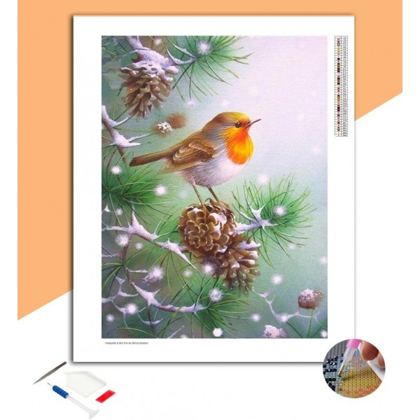 Broderie Diamant Rouge-gorge sur une branche de pin