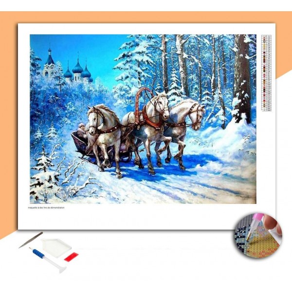 Broderie Diamant Traîneau à chevaux