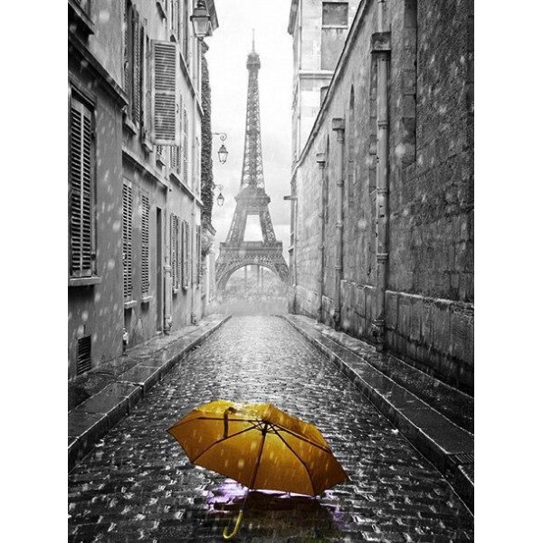 Broderie Diamant Parapluie jaune dans la grisaille parisienne
