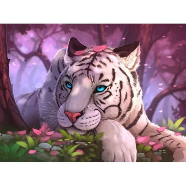 Broderie Diamant Tigre Blanc aux yeux bleus