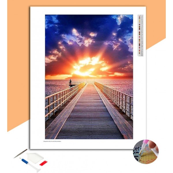 Broderie Diamant Coucher de soleil "Ponton et Océan"
