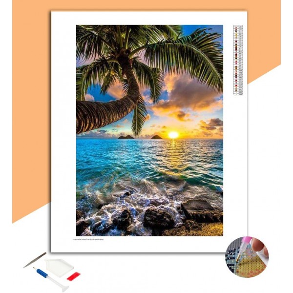 Broderie Diamant Coucher de soleil "Océan et Palmier"