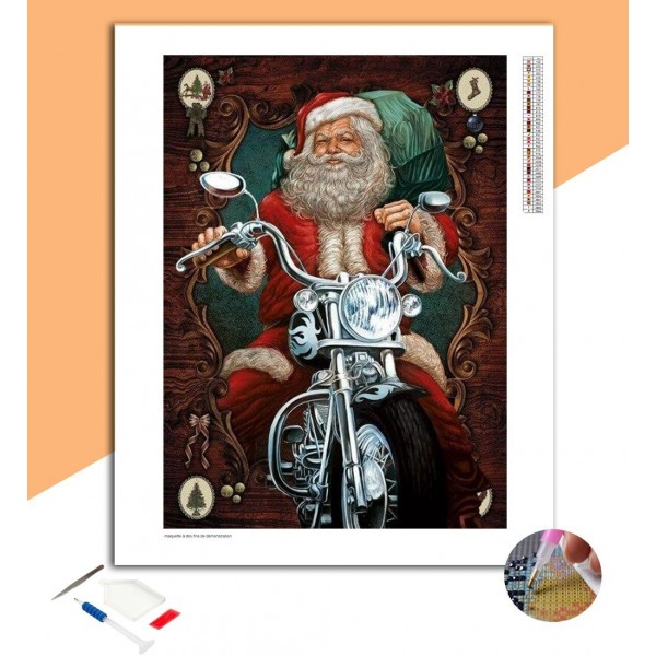 Broderie diamant Père Noël à Moto