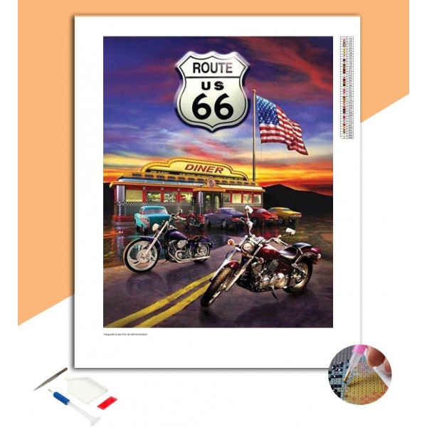 Broderie diamant Route 66 à moto