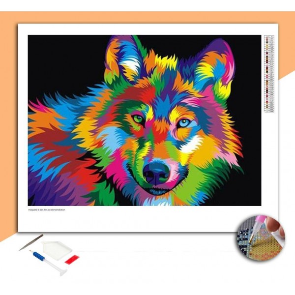 Broderie Diamant Loup Multicolore