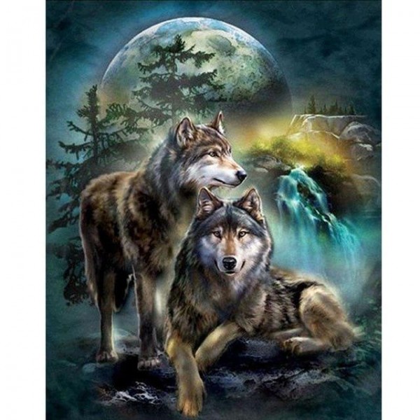 Broderie Diamant Deux Loups "Pleine Lune"