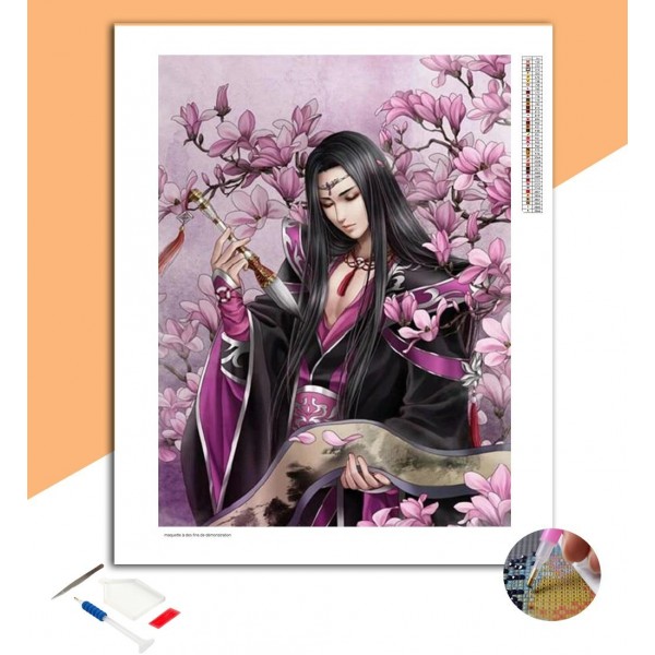 Broderie Diamant Asiatique au Kimono Noir & Violet