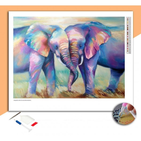 Broderie Diamant Enlacement d'un couple d'éléphants multicolores