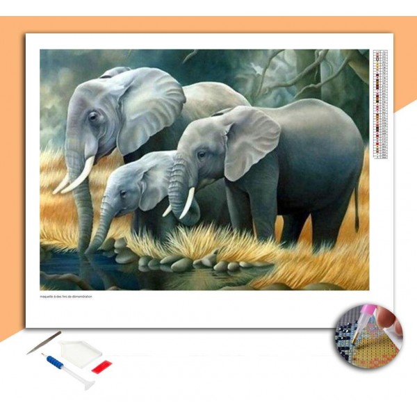 Broderie Diamant Parents éléphants et leur enfant se rafraîchissants