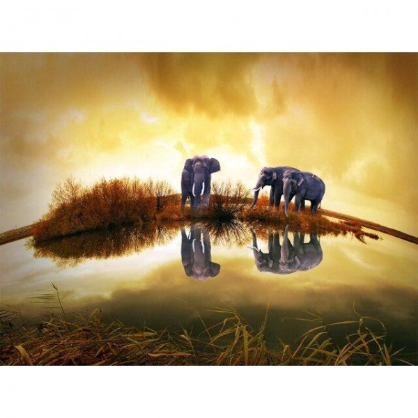 Broderie Diamant Trio d'éléphants dans un cours d'eau