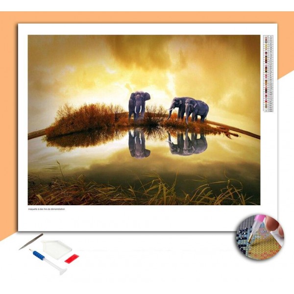 Broderie Diamant Trio d'éléphants dans un cours d'eau