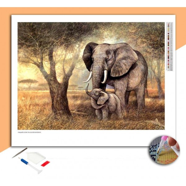 Broderie Diamant Eléphant et son petit dans la savane