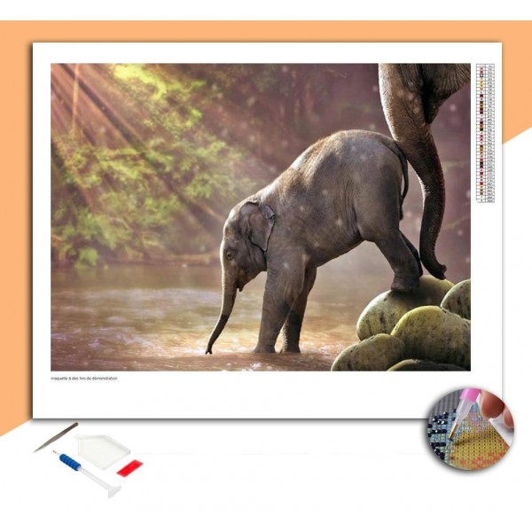 Broderie Diamant Eléphanteau dans la rivière