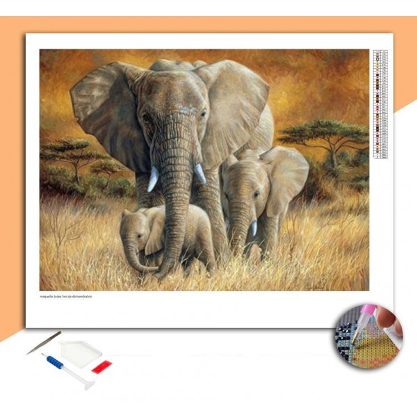 Broderie Diamant Parents éléphants et leur petit