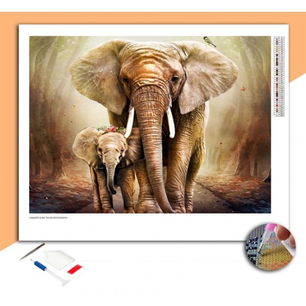 Broderie Diamant Balade Eléphant avec son bébé