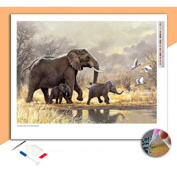 Broderie Diamant Famille d'éléphants sauvages et oiseaux