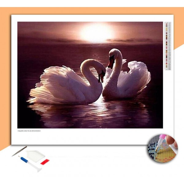 Broderie diamant Cygnes au Coucher de Soleil