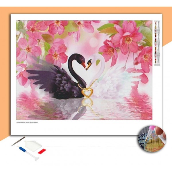 Broderie diamant Cygnes Noir & Blanc Amoureux