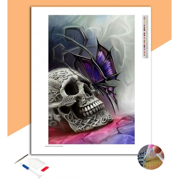 Broderie Diamant Tête de mort & Papillon Violet