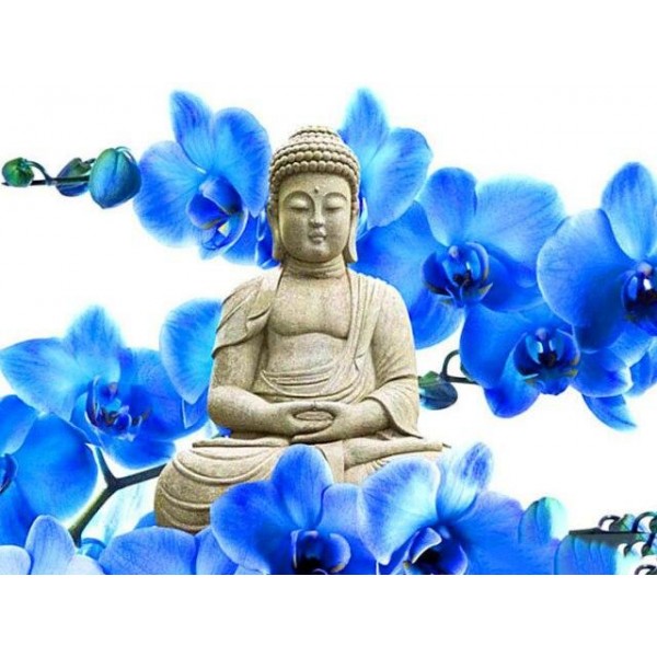 Broderie Diamant Bouddha Orchidées Bleues
