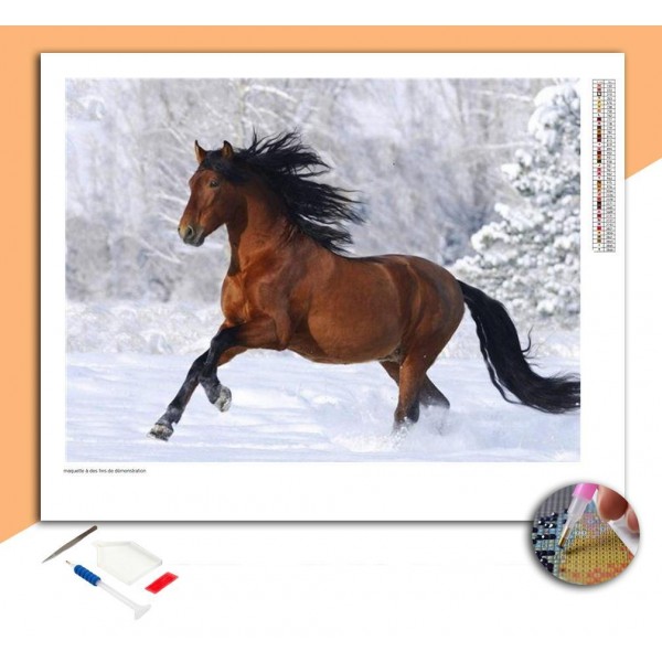Broderie Diamant Cheval galopant dans la neige