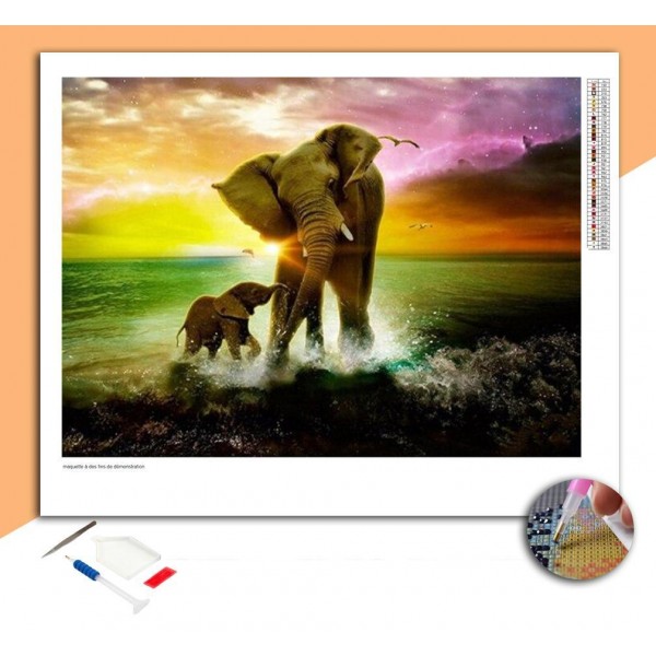 Broderie Diamant Chamaillerie entre un éléphant et son petit